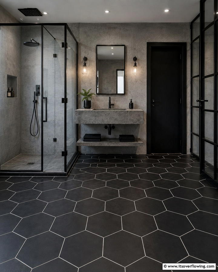 Bold Black Hexagon Tiles - 30 Bathrooms with Hexagon Tile Floor Design Ideas