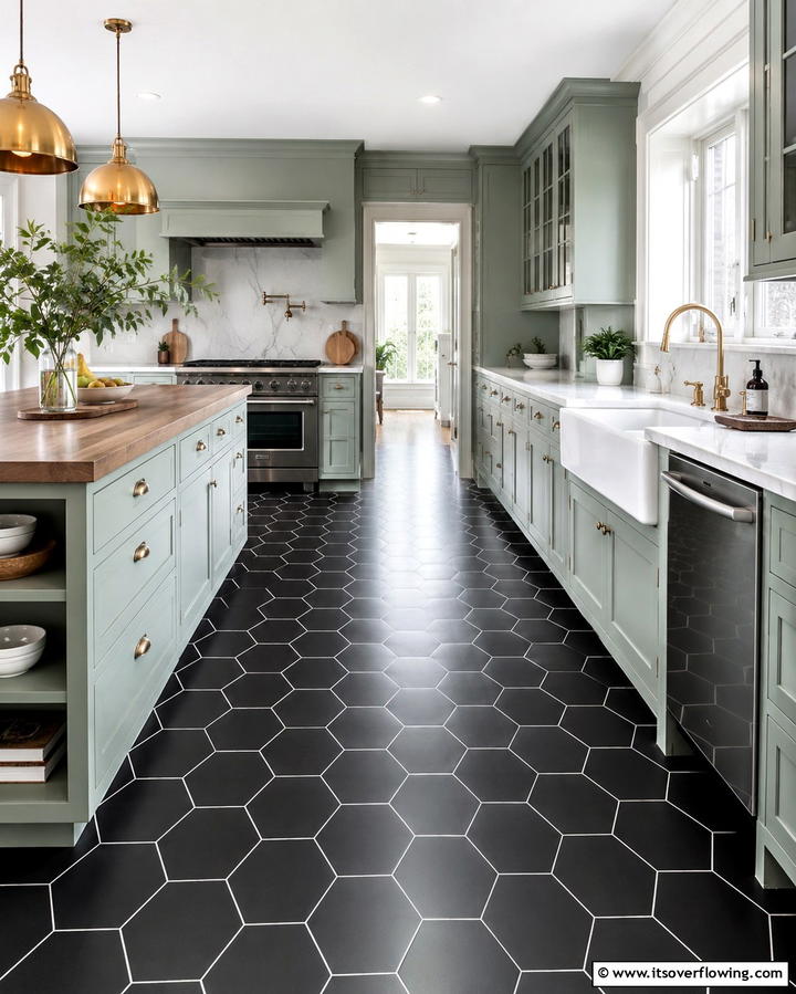 Bold Black Hexagonal Tiles - 30 Sleek Black Floor Kitchen Ideas for Contemporary Designs