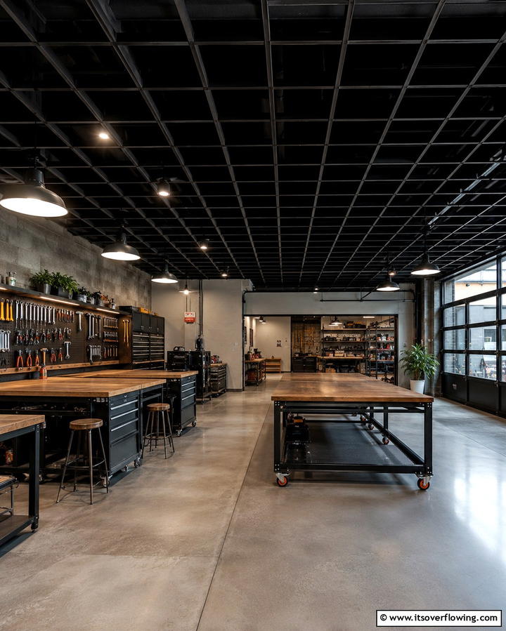 Bold Black Industrial Grid Ceiling - 30 Modern Black Ceiling Design Ideas for Dramatic Interiors