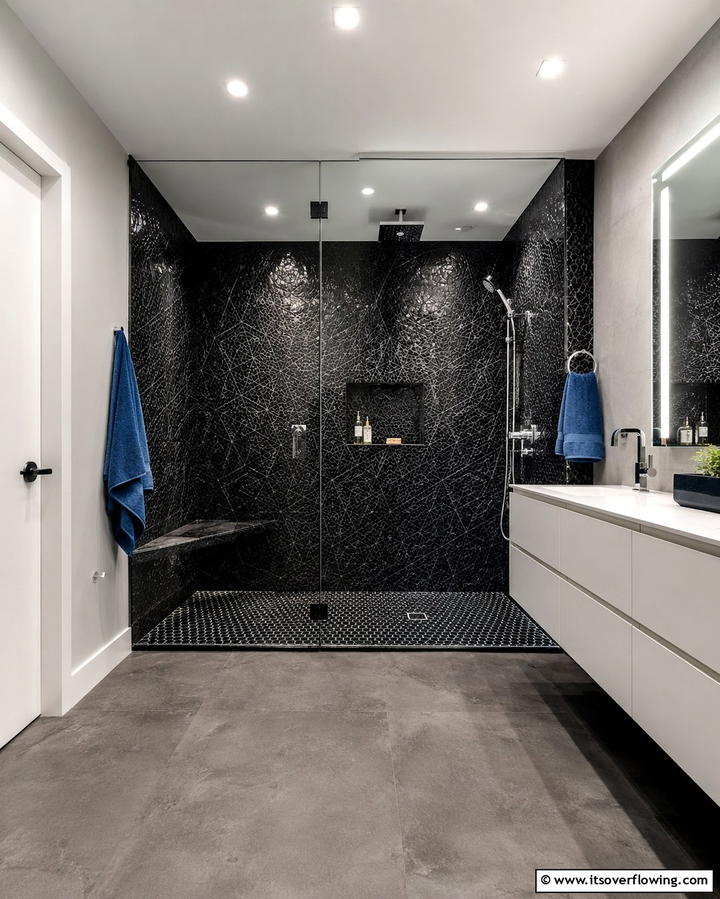 Bold Black Mosaic Tiles - 30 Striking Black and Blue Bathroom Ideas for Dramatic Flair