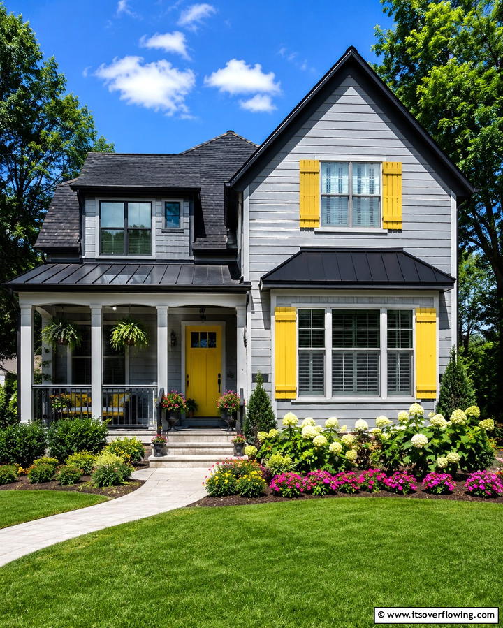 Bold Black Roof with Vibrant Yellow Accents - 30 Black Roof Exterior Home Design Ideas for Bold Contrast