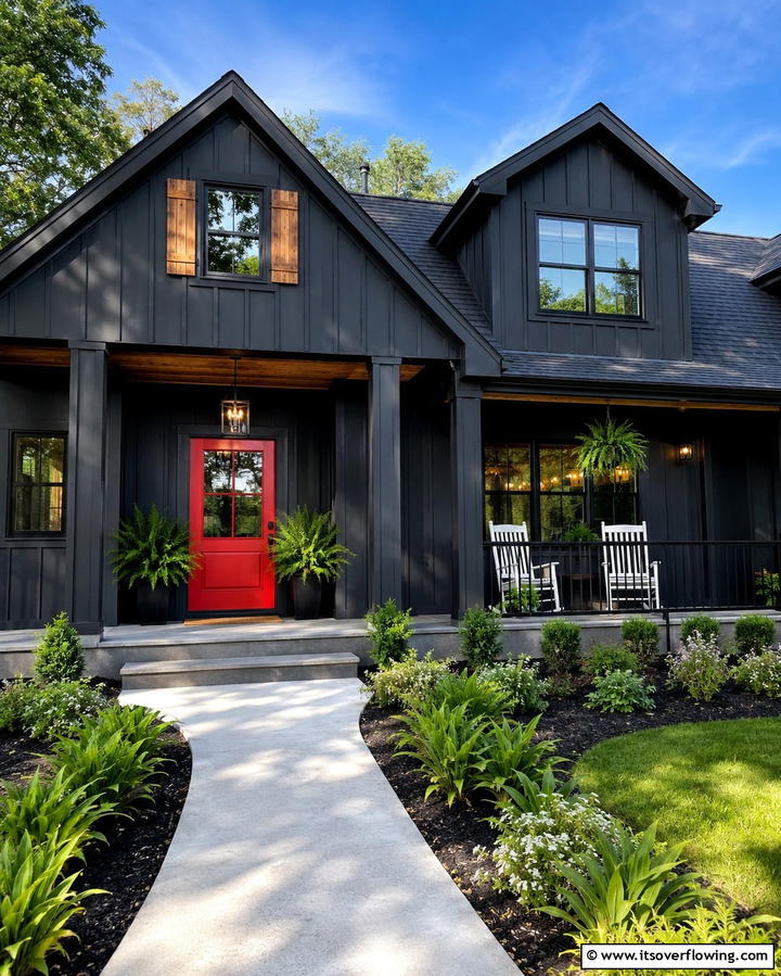 Bold Black Siding with White Trim - 25 Black Modern Farmhouse Exterior Design Ideas