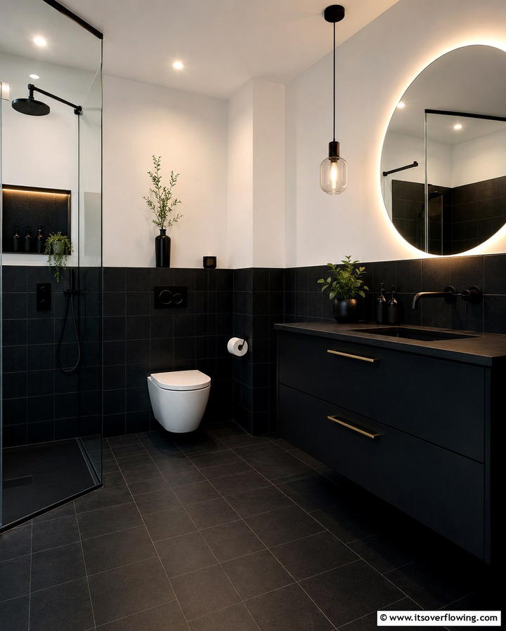 Bold Black Tile Statement - 30 Half-Wall Tile Bathroom Ideas for Functional Style