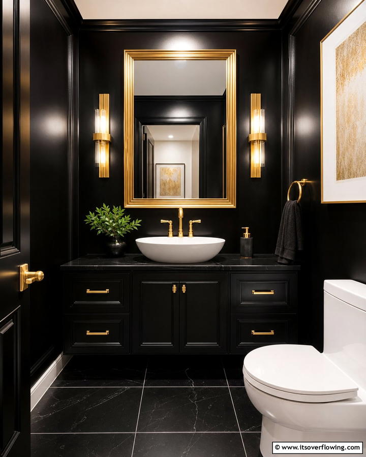 Bold Black Walls with Golden Fixtures - 25 Luxurious Black and Gold Powder Room Ideas for Elegance