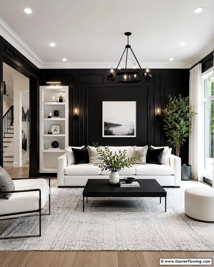 Bold Black Walls with White Accents - 25 Black and White Living Room Ideas for a Classic Look