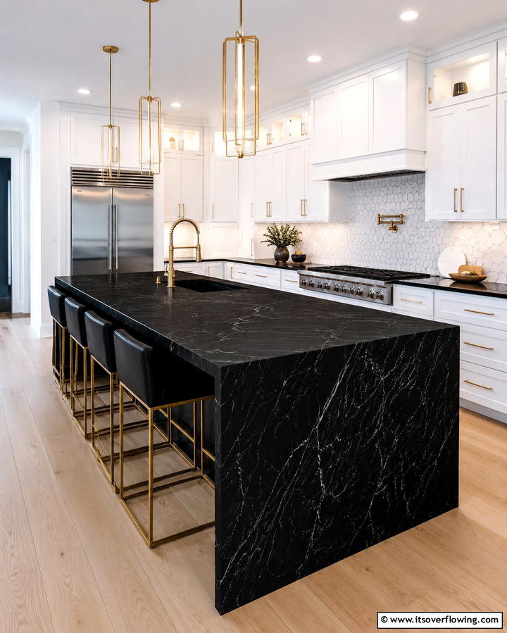 Bold Black Waterfall Island - 20 Stunning Waterfall Kitchen Island Ideas for a Modern Look