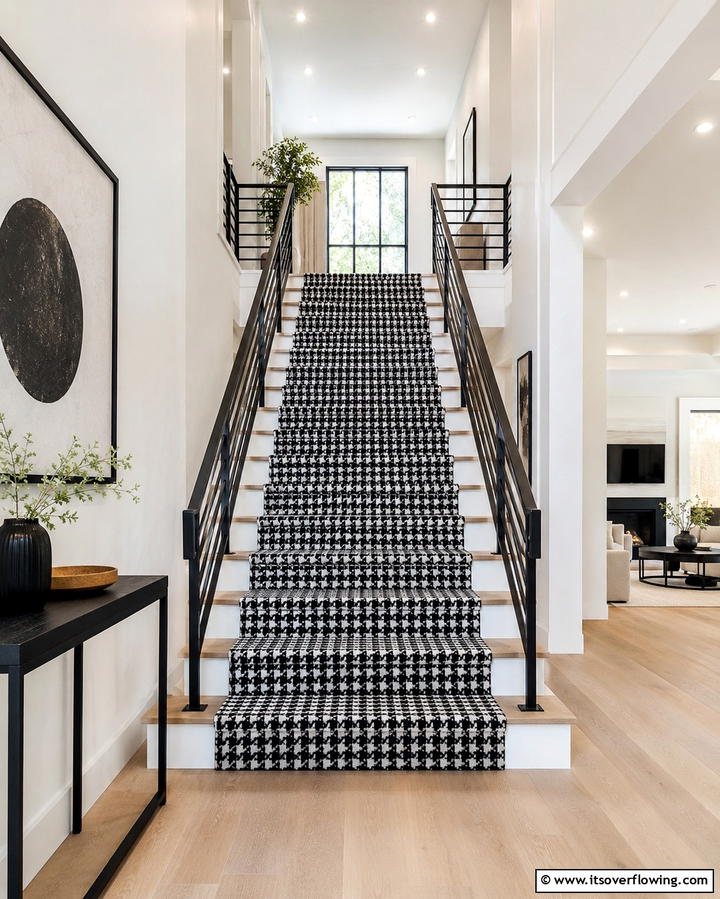 Bold Black and White Contrast - 25 Stair Runner Ideas for Safety and Style in Your Home