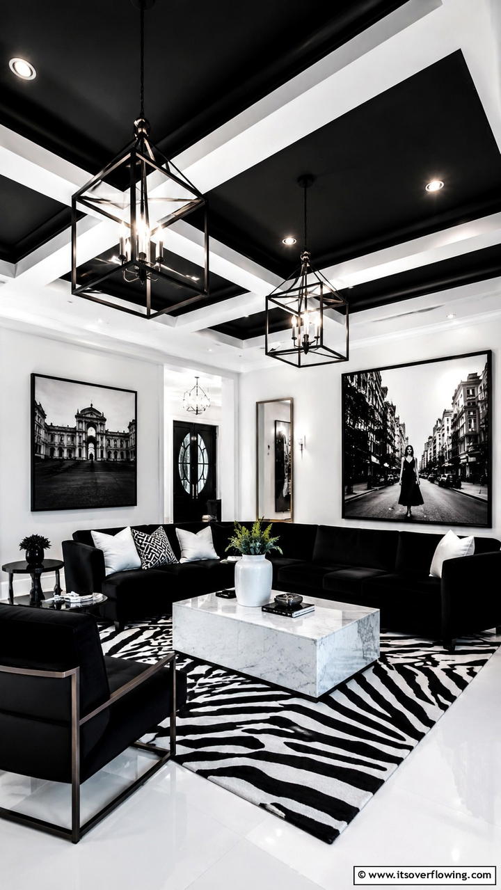Bold Black and White Contrast - 30 Black Ceiling Ideas to Add Depth and Drama Above