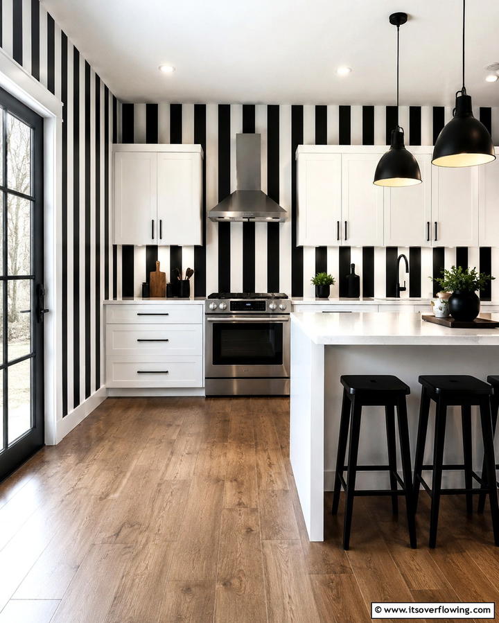 Bold Black and White Contrast - 30 Kitchen Wallpaper Ideas- Bold Backsplashes & Accent Walls