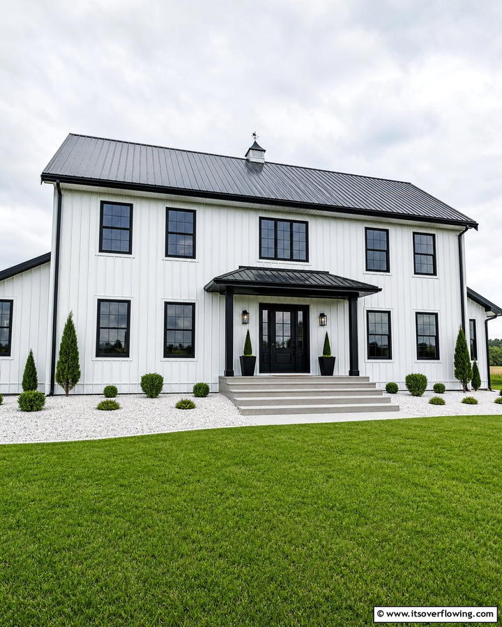 Bold Black and White Contrast - 20 Barndominium Exterior Ideas for Curb Appeal