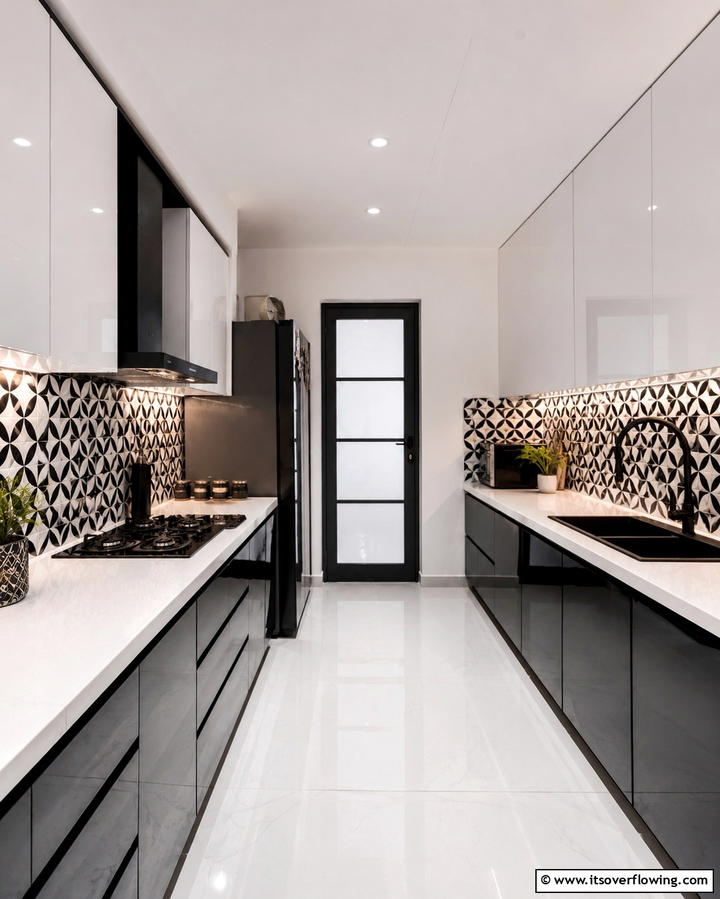 Bold Black and White Theme - 30 Parallel Modular Kitchen Designs for Efficient Cooking