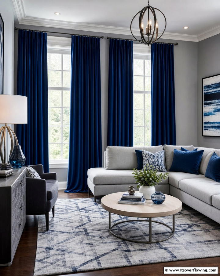 Bold Blue Accents - 30 Curtain Color Ideas Perfectly Paired With Gray Walls