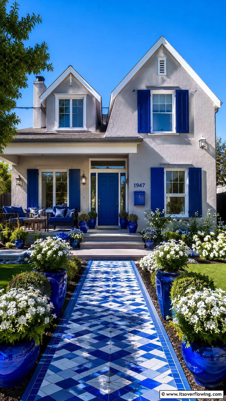 Bold Blue Accents - 30 Grey House With Blue Door Ideas- Charming Curb Appeal