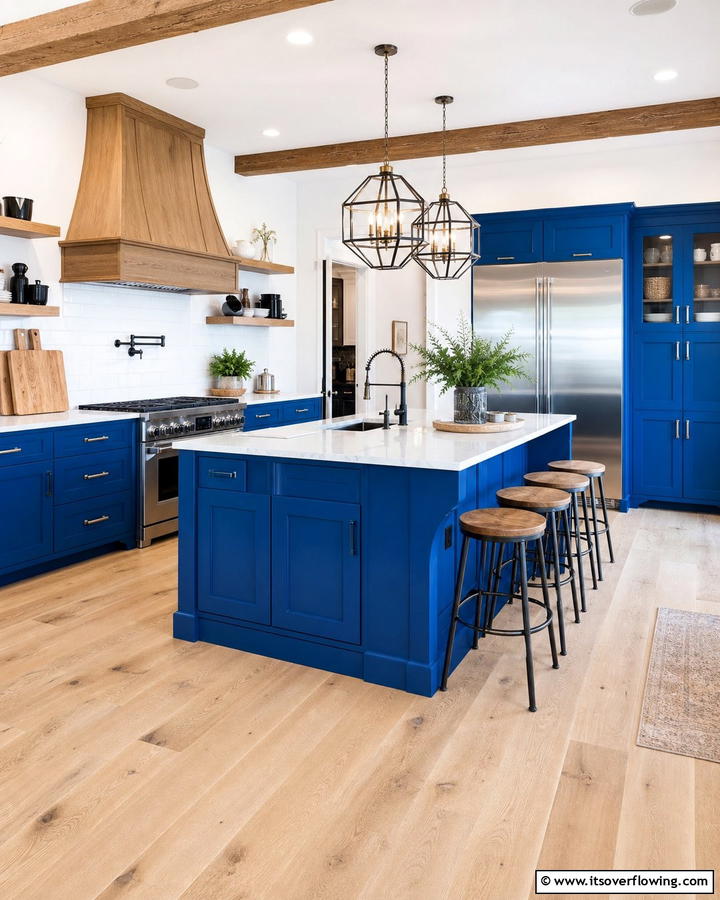 Bold Blue Accents - 21 Blue Farmhouse Kitchen Cabinet Ideas for Rustic Charm