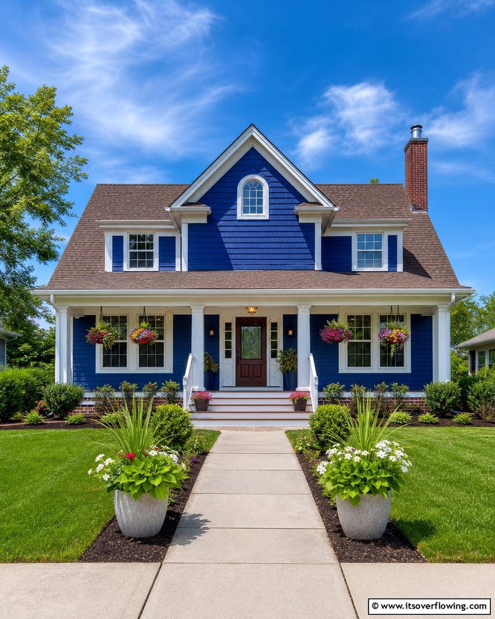 Bold Blue Exterior with Brown Roof and White Trim - 25 Stunning Blue Exterior Home with Brown Roof Ideas
