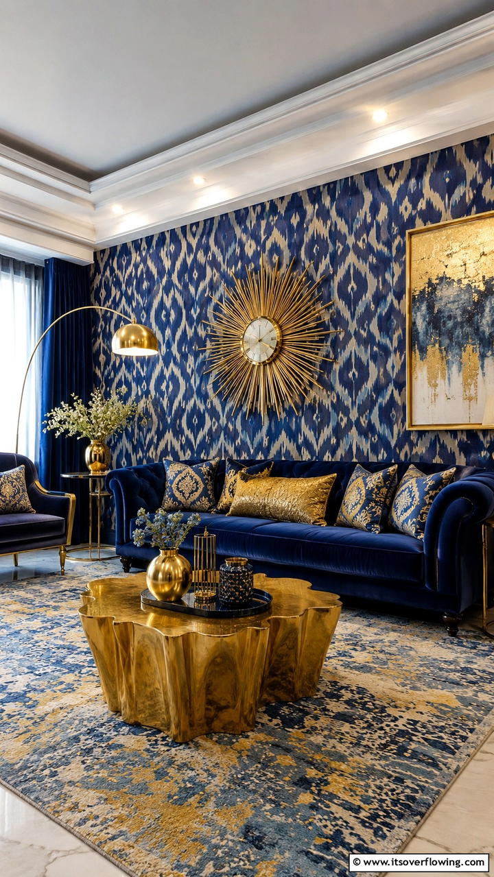 Bold Blue Patterns with Shimmering Gold - 30 Stunning Blue and Gold Living Room Ideas for Elegant Spaces
