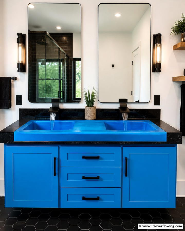 Bold Blue Sink with Black Counter and Fixtures - 30 Striking Black and Blue Bathroom Ideas for Dramatic Flair