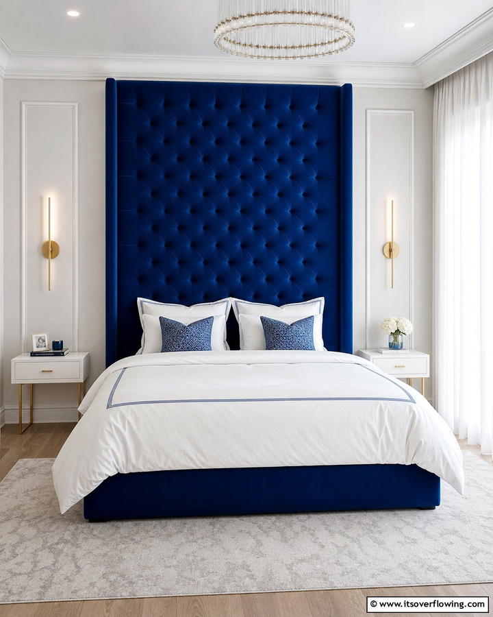 Bold Blue Statement Headboard - 21 Serene Blue Bedroom Ideas for Calming Atmospheres