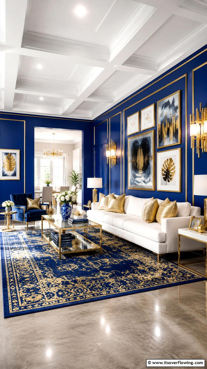 Bold Blue Walls with Golden Details - 30 Stunning Blue and Gold Living Room Ideas for Elegant Spaces