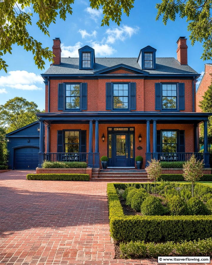 Bold Brick Red with Deep Blue Details - 30 Exterior Brick and Paint Color Combinations