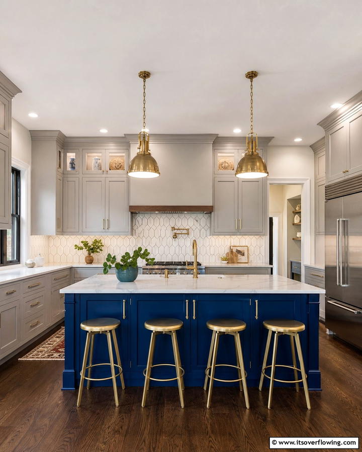 Bold Cobalt Blue Island with Gold Accents - 25 Blue Kitchen Island Ideas for a Fresh Look