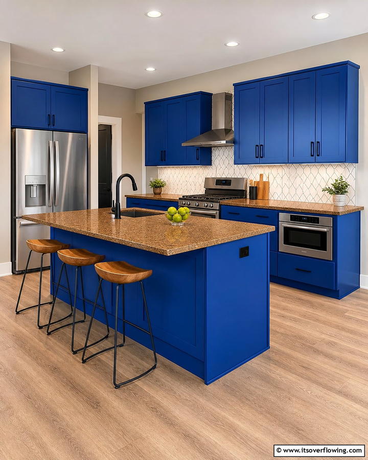 Bold Cobalt Cabinets with Warm Brown Granite - 20 Blue Kitchen Cabinets With Brown Granite Countertops