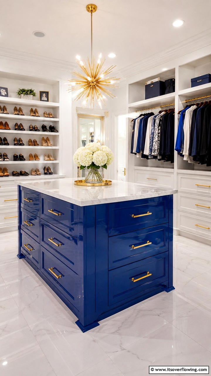 Bold Color Accent Closet Island - 30 Closet Island Ideas- Luxurious Walk-In Storage Solutions