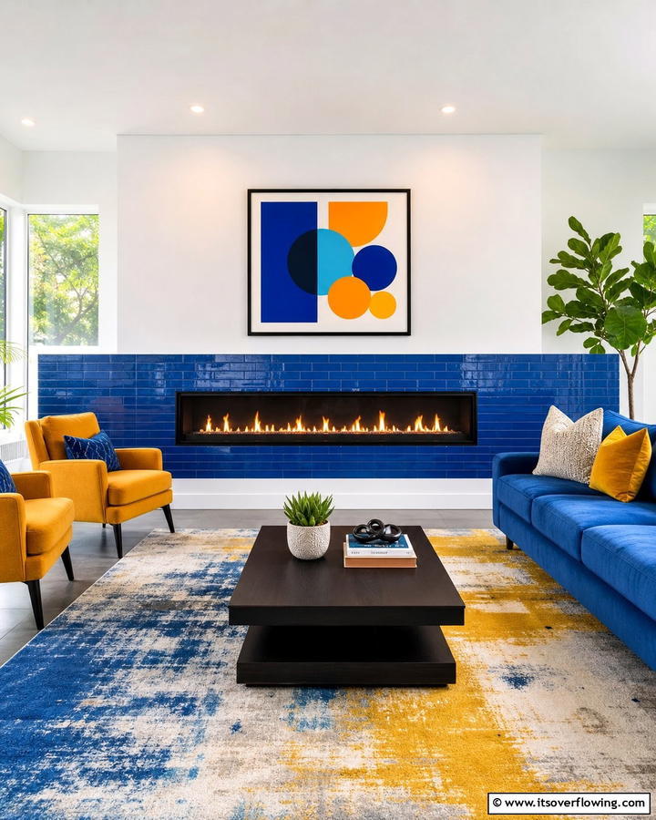Bold Color Accented Linear Fireplace - 30 Linear Fireplace Ideas for Modern Home Heating