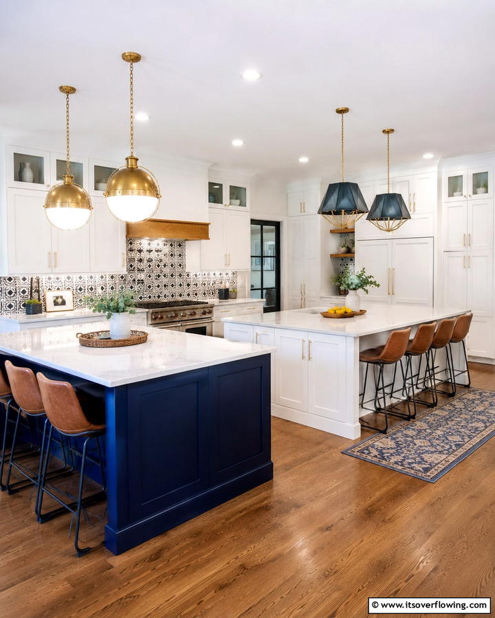 Bold Color Accents - 25 Double Island Kitchen Ideas for Spacious Cooking