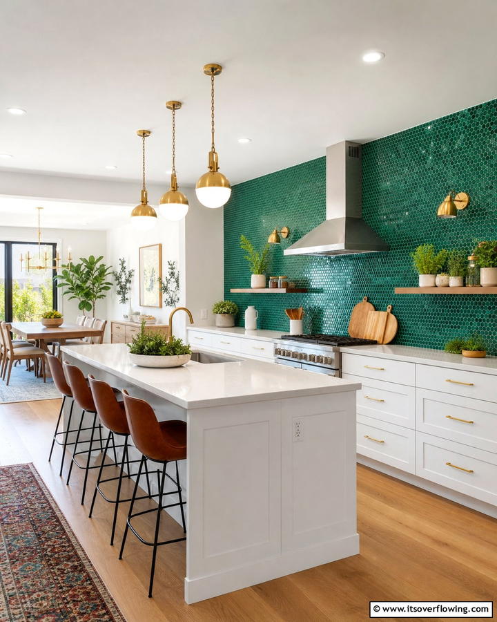 Bold Color Accents - 30 Kitchens Without Upper Cabinets for Open Concepts