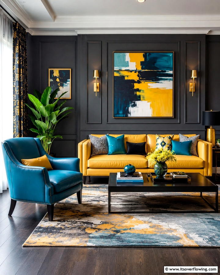 Bold Color Pop - 30 Striking Contrasting Living Rooms Featuring Dark Grey Walls