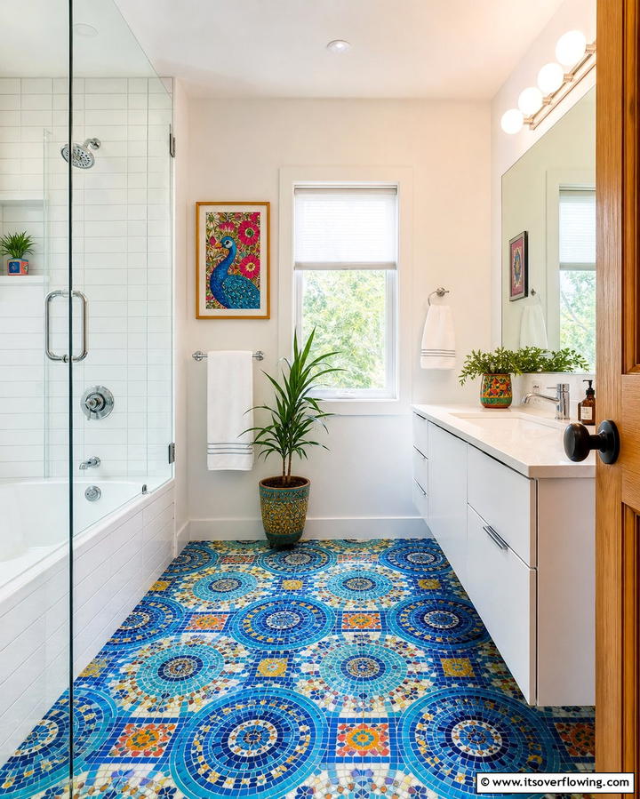 Bold Colored Mosaic Floors - 25 Bathroom Mosaic Floor Tile Ideas for Unique Style