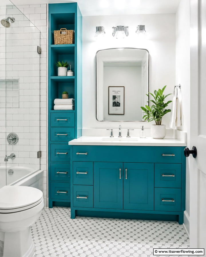 Bold Colored Vanity Feature - 30 Small Bathroom Vanity Ideas for Space-Saving Style