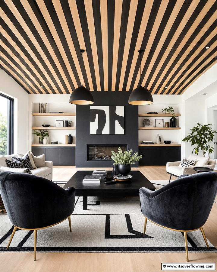 Bold Contrast Wood Slat Ceiling - 30 Wood Slat Ceiling Ideas for Textured Modern Interiors