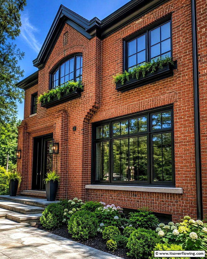 Bold Contrast with Black Window Frames - 25 Red Brick House with Black Trim Design Ideas
