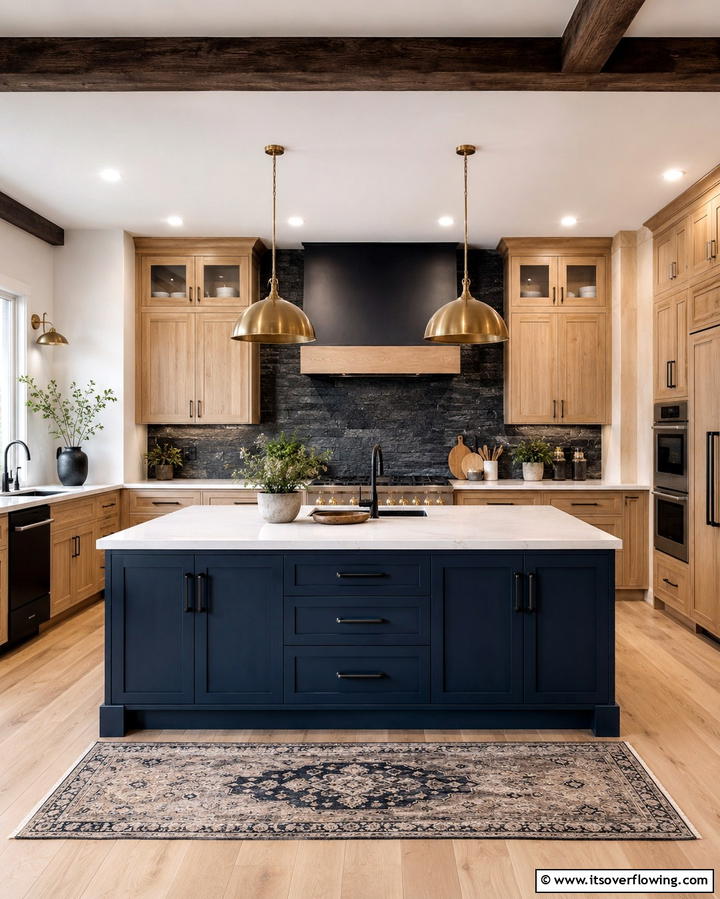 Bold Contrast with Dark Accents - 30 Kitchens with Light Wood Cabinets- Warm & Airy Designs