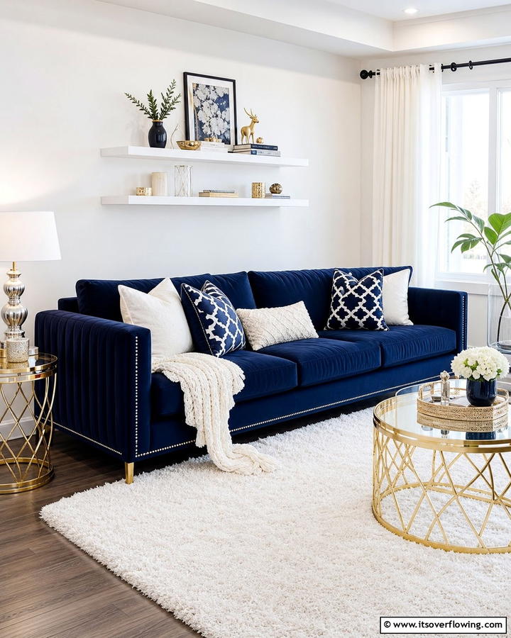 Bold Contrast with Dark Blue and White - 25 Blue Couch Living Room Ideas for a Stylish Space