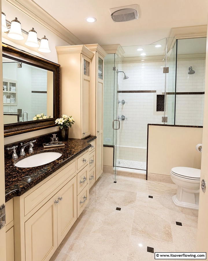 Bold Contrast with Dark Brown Granite and Light Tile - 20 Elegant Brown Granite Bathroom Ideas for a Luxurious Look