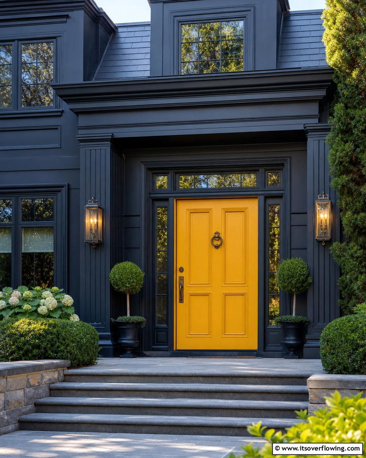 Bold Contrast with Dark Exteriors - 20 Mustard Yellow Front Door Ideas for a Bold Entrance