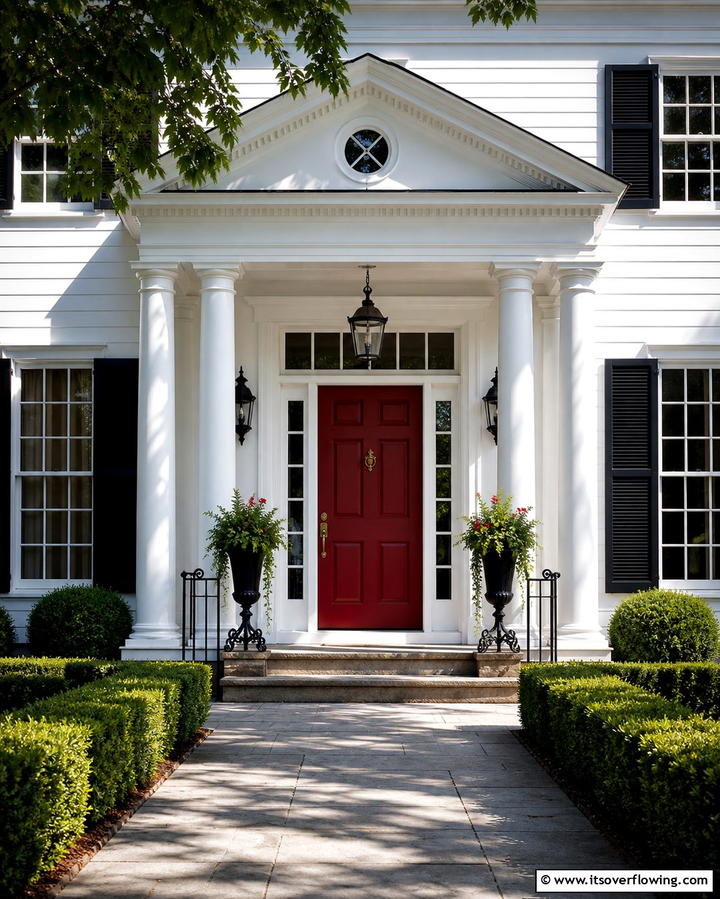 Bold Contrast with Dark Red Against White Exteriors - 25 Dark Red Front Door Ideas for a Bold Entrance