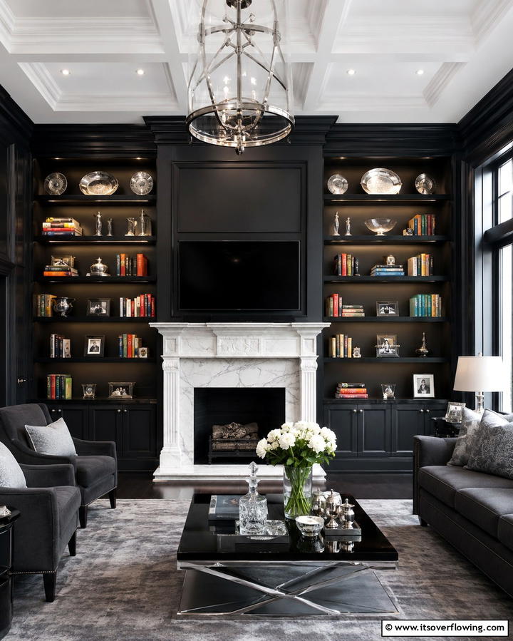 Bold Contrast with Dark Shelving - 30 Fireplace with Bookshelves Ideas for Cozy Literary Nooks