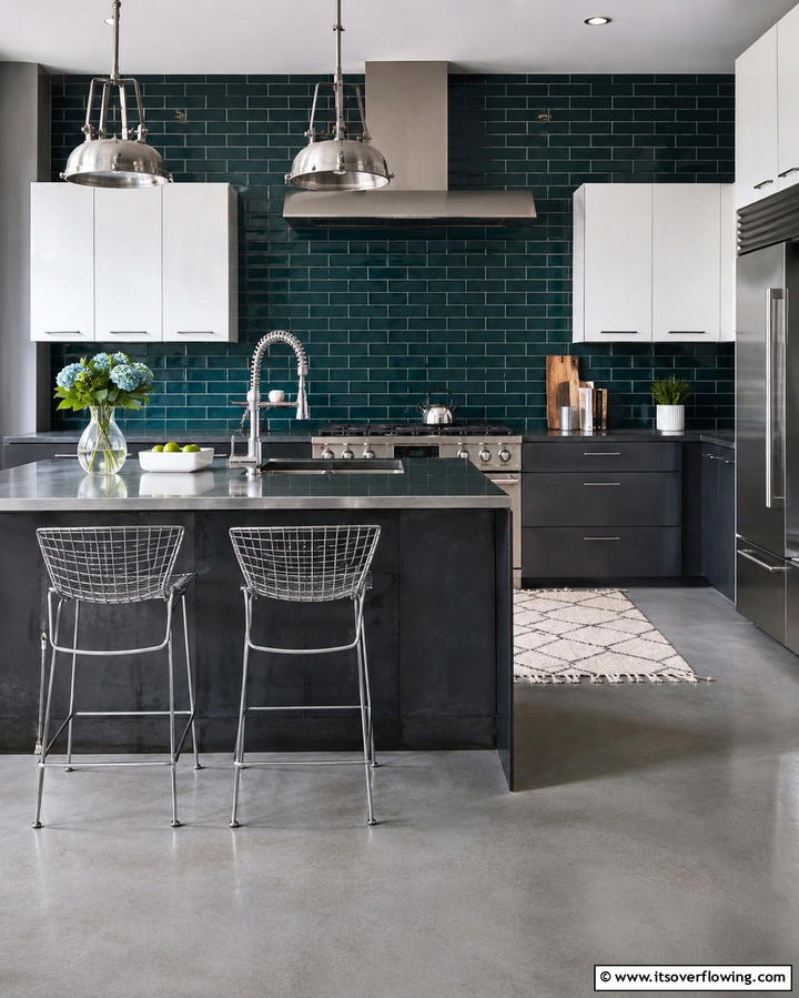 Bold Contrast with Dark Teal Tiles - 25 Chic Kitchen With Green Backsplash Ideas