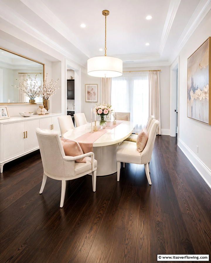 Bold Contrast with Light Furniture - 25 Dark Wood Floor Dining Room Ideas for a Classic Look