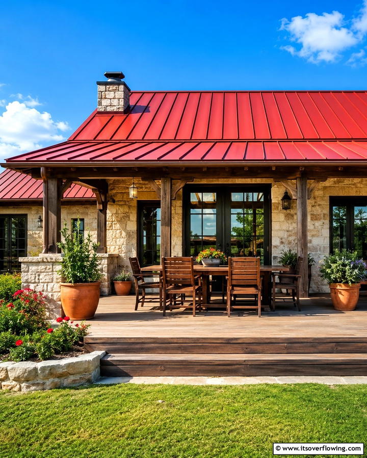 Bold Contrast with Red Metal Roof - 25 Metal Roof Porch Design Ideas for a Durable Space