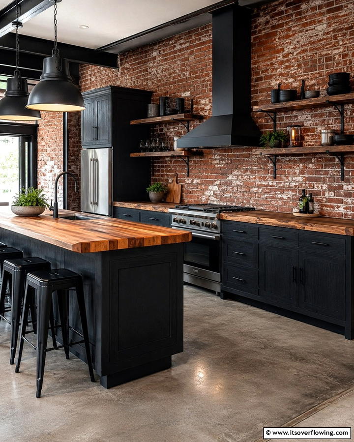 Bold Contrast with White Backsplash - 25 Kitchen With Black Cabinets And Wood Countertops Ideas