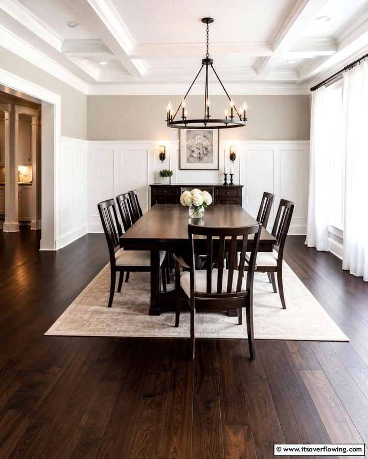 Bold Contrast with White Wainscoting - 25 Dark Wood Floor Dining Room Ideas for a Classic Look