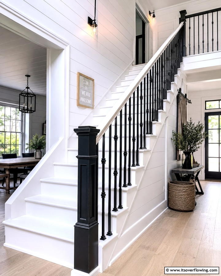 Bold Contrasting Finishes - 30 Rustic Farmhouse Stair Railing Ideas & Designs