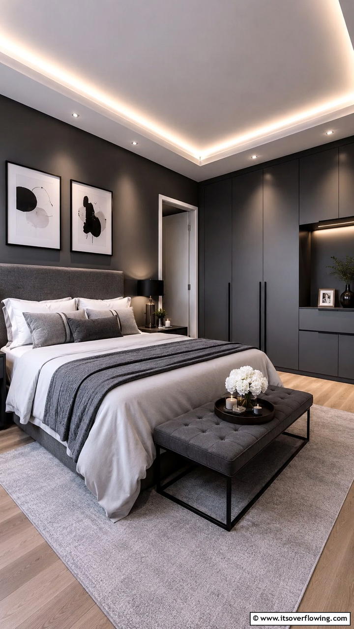 Bold Contrasts with Elegant Simplicity - 30 Dark Grey Bedroom Ideas for Modern Serene Spaces