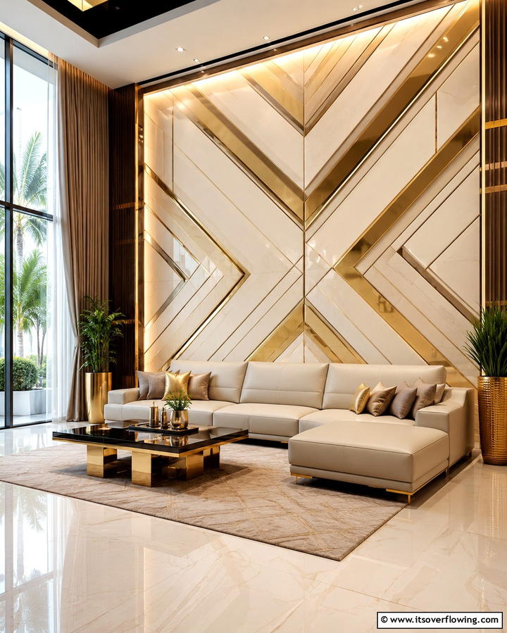 Bold Cream and Gold Geometric Patterns - 30 Elegant Cream & Gold Living Room Themes for Luxe Interiors