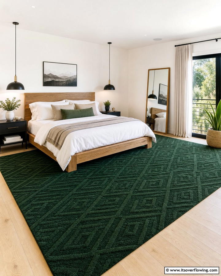 Bold Dark Green Floor Rug - 21 Dark Green Bedroom Ideas- Moody & Luxurious Spaces